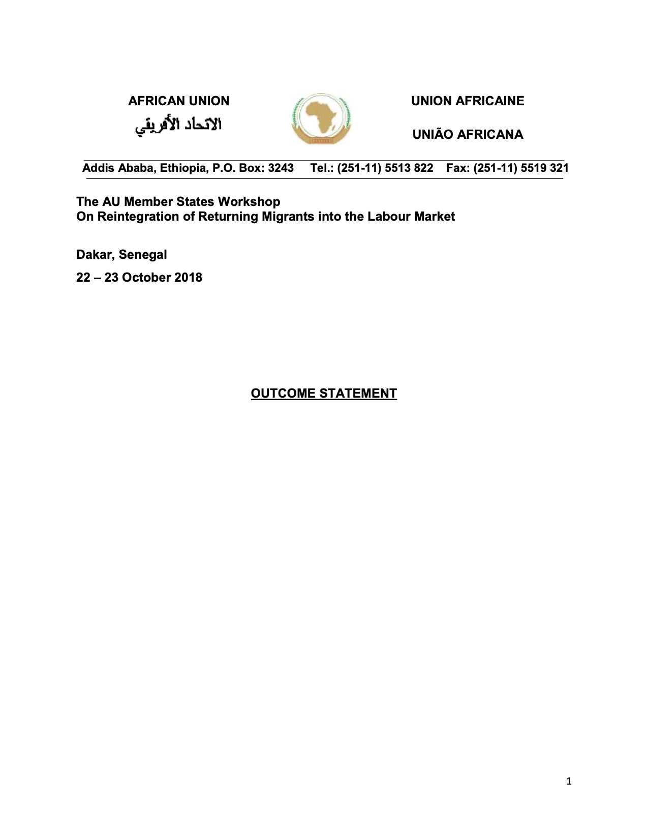 Outcome Statement: The AU Member States Workshop on Reintegration of Returning Migrants into the Labour Market
